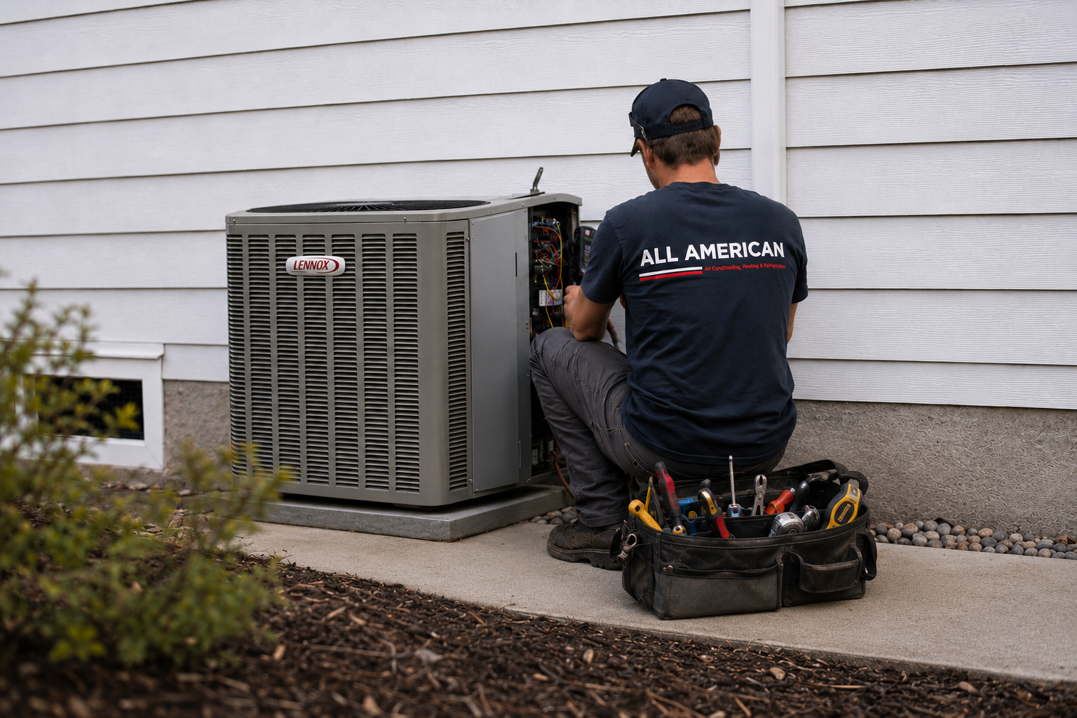 HVAC technician servicing an outdoor air conditioning unit