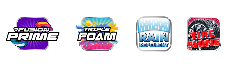 A row of logos for wax, triple foam, and tire shine products 