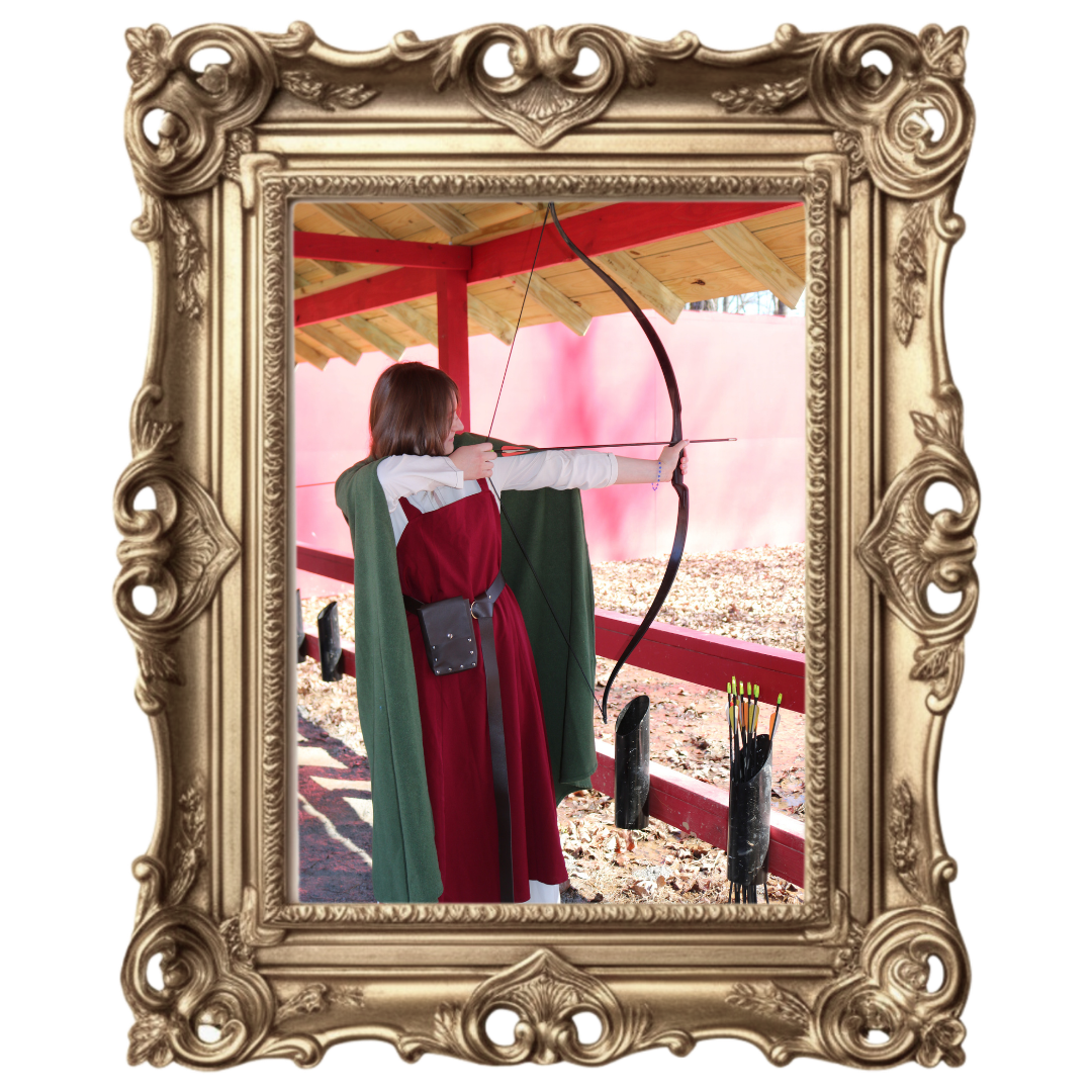 Archer in red and green robe drawing a bow in an ornate frame at a shooting range