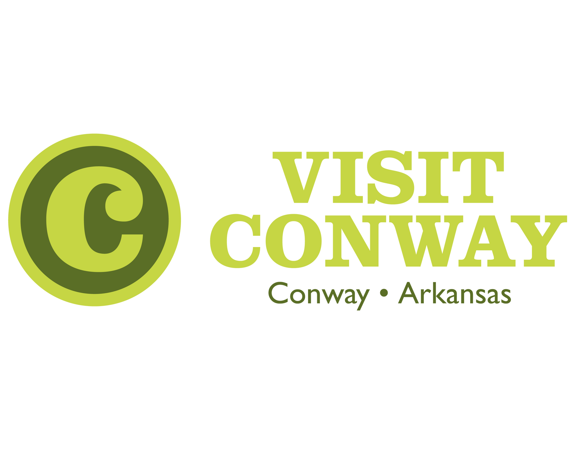 Visit Conway logo in lime green and brown, with Conway, Arkansas text
