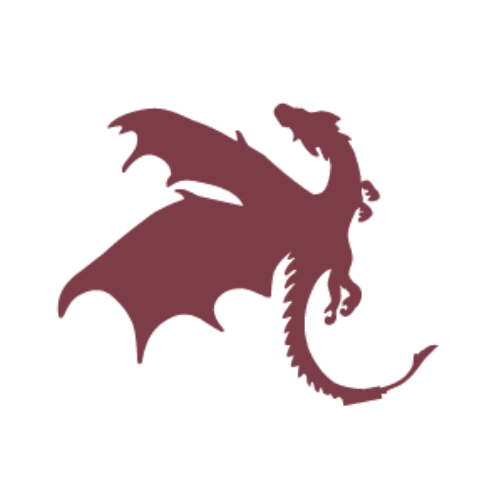 Maroon dragon silhouette with wings and curled tail on a white background