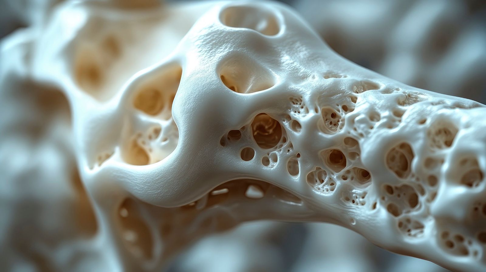 Primer plano de hueso blanco poroso, que muestra cavidades y textura irregular indicativa de osteoporosis.