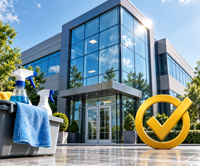 Modern glass office building with cleaning supplies and a yellow check mark icon at the entrance