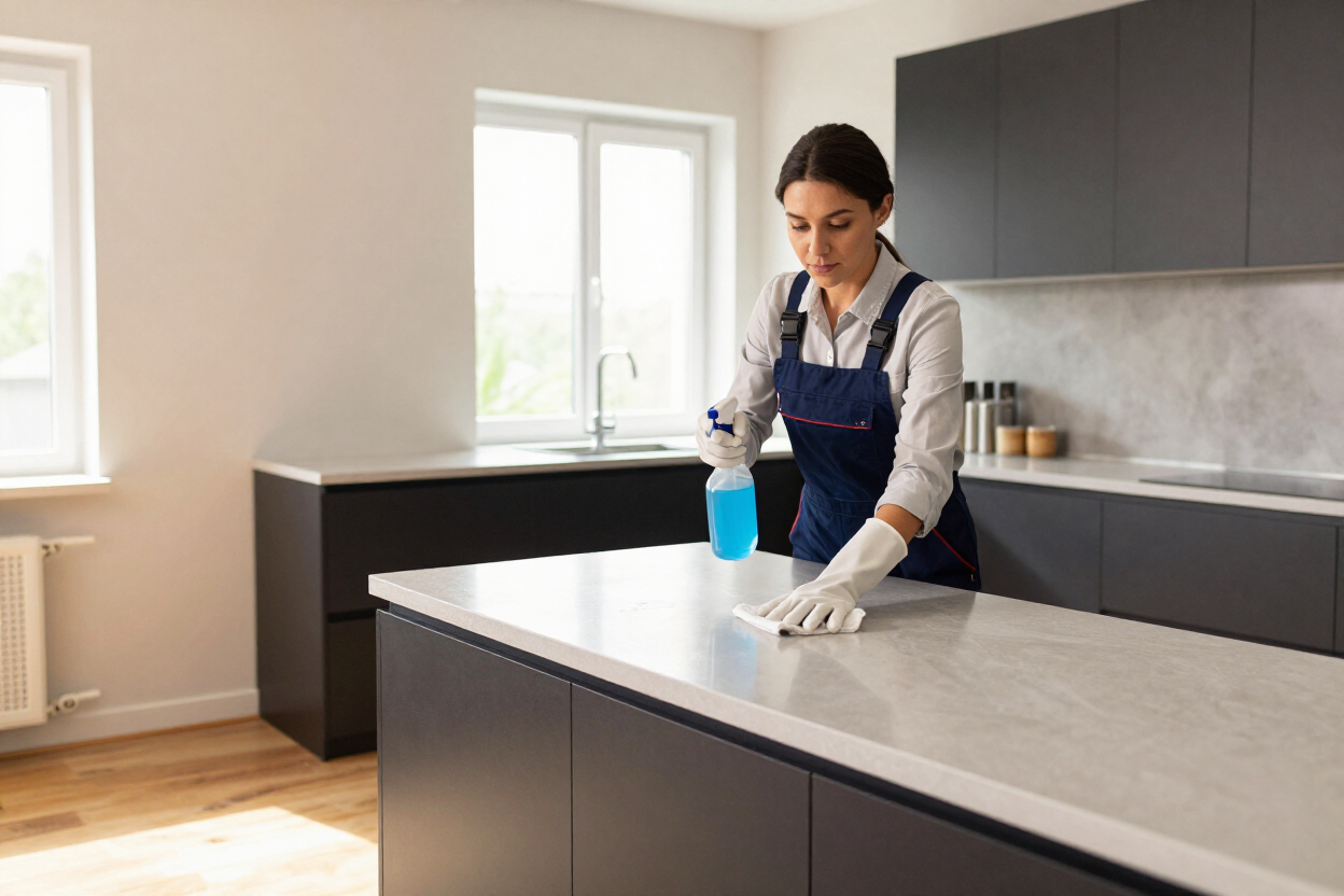 Person cleaning a modern kitchen countertop with a spray bottle and cloth.