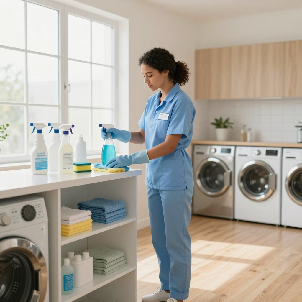Cleaner in blue uniform disinfecting a laundry room counter beside washing machines and neatly folded towels