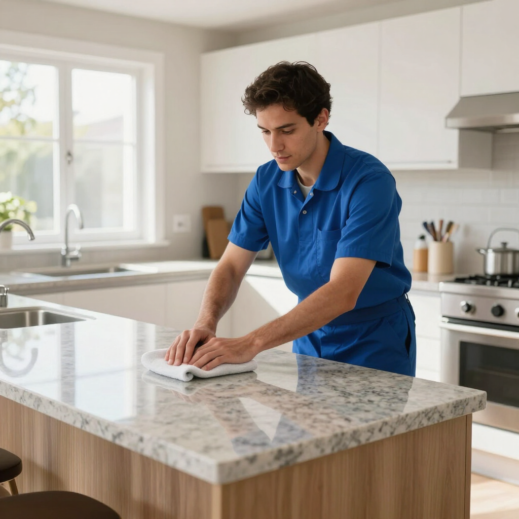Person wiping a granite kitchen island with a cloth in a bright modern kitchen