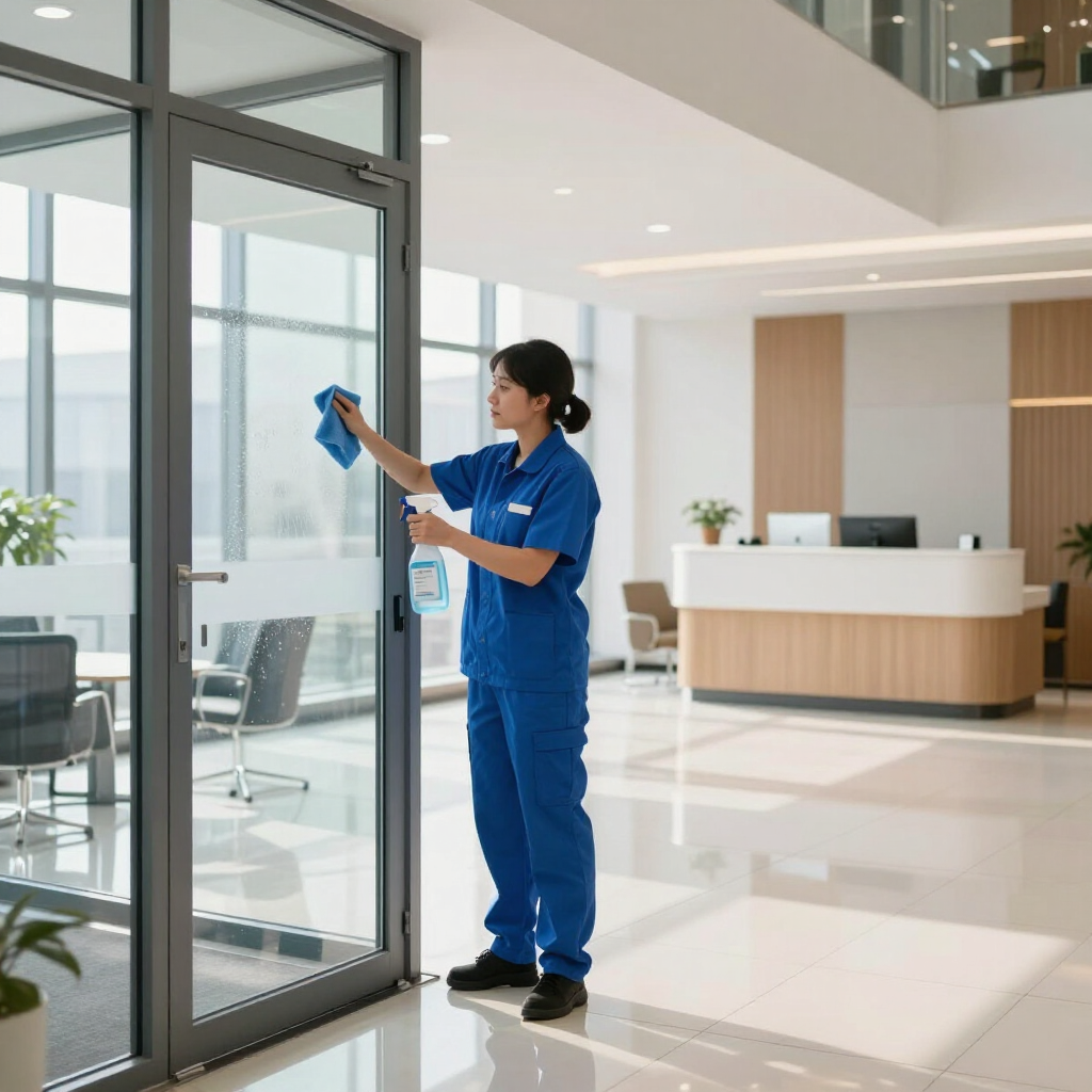 Cleaner in blue uniform wiping glass door in a bright modern lobby