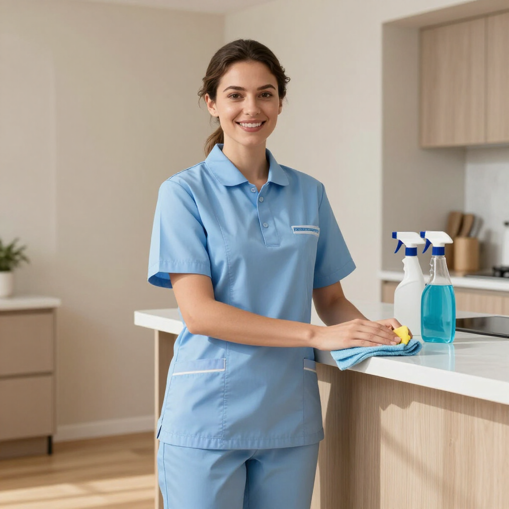 Housekeeper in light blue uniform cleaning a kitchen counter with spray bottles nearby