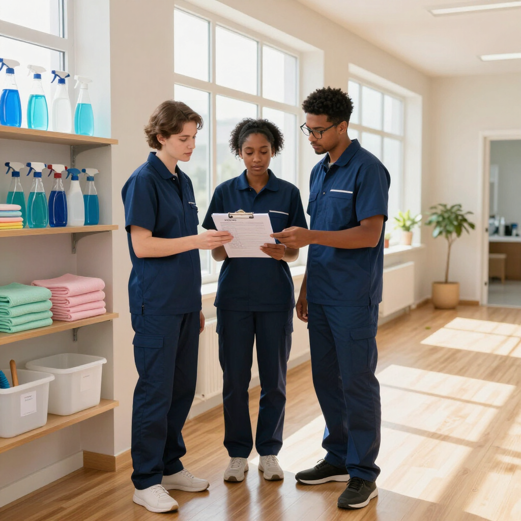 Three caregivers reviewing a clipboard in a bright, tidy clinic room