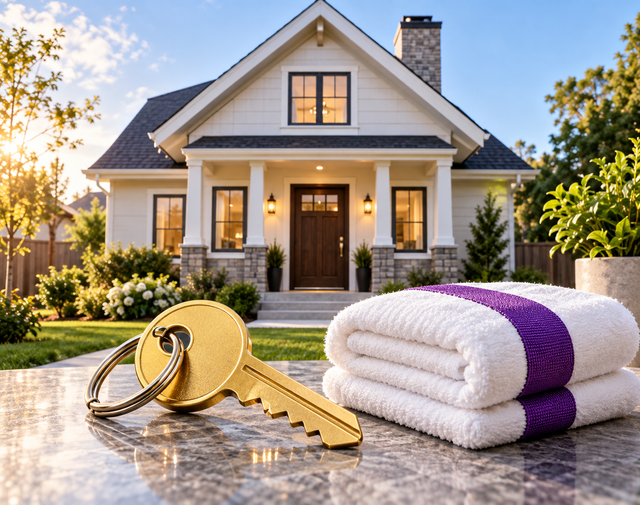 House with keys and folded towels on a porch, suggesting home cleaning or move-in service