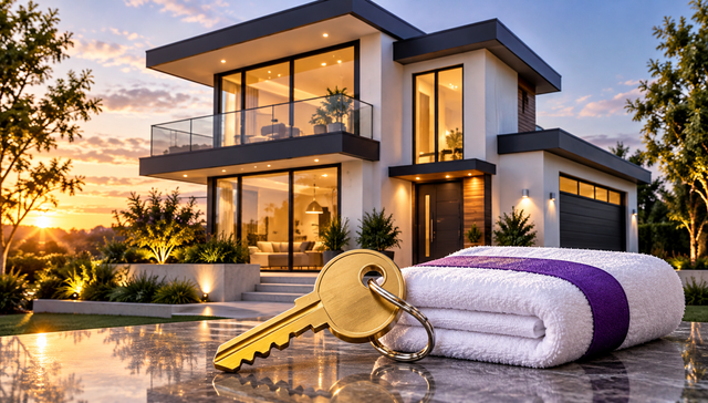 Modern purple house with gold key and rolled blueprint icon