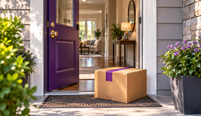 Open purple door with a yellow package beside it and a sparkle