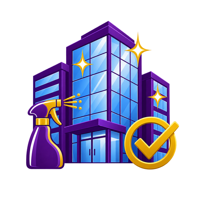 Purple building with spray bottle and gold checkmark, suggesting cleaning or disinfection approval