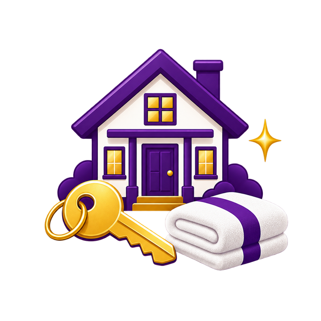Purple house with golden key and rolled white towels, suggesting home security or hospitality