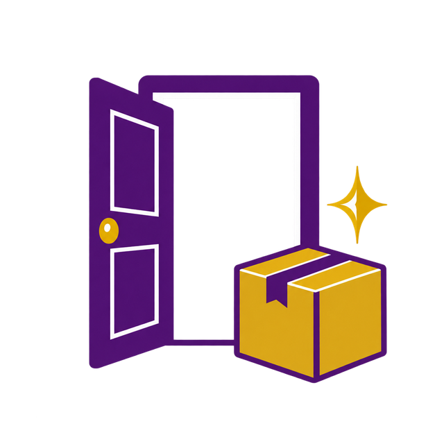 Open purple door with a yellow package beside it and a sparkle
