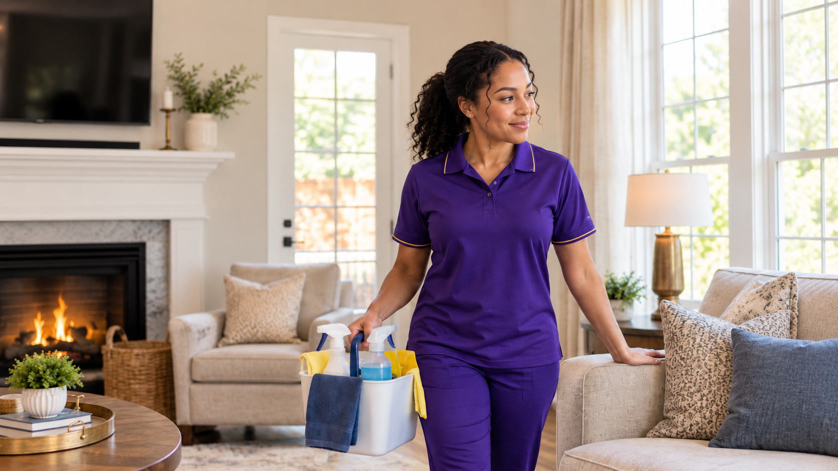 Person in purple cleaning uniform carrying supplies in a bright living room near a fireplace and sofa