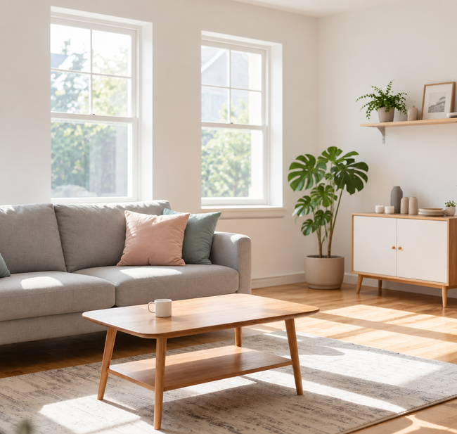 Bright sunlit living room with gray sofa, wooden coffee table, potted plant, and sideboard by the window.