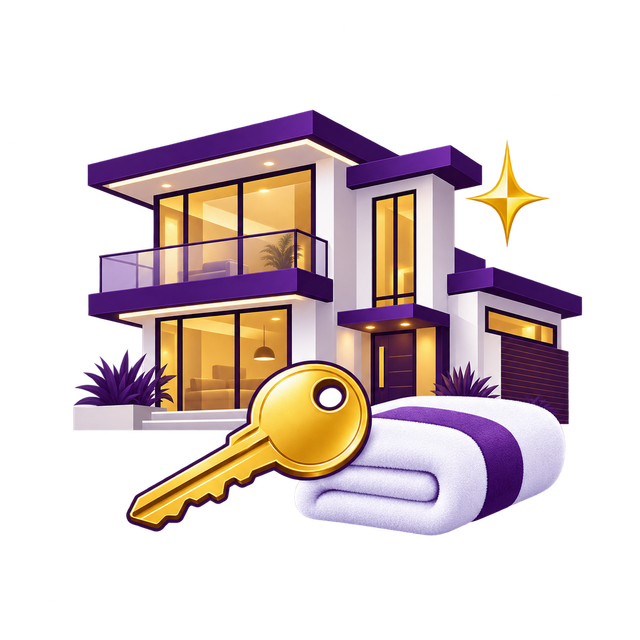 Modern purple house with gold key and rolled blueprint icon