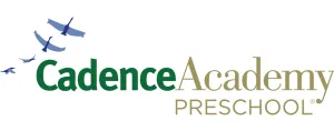 Cadence Academy Preschool logo with green and gold text and two blue birds flying above