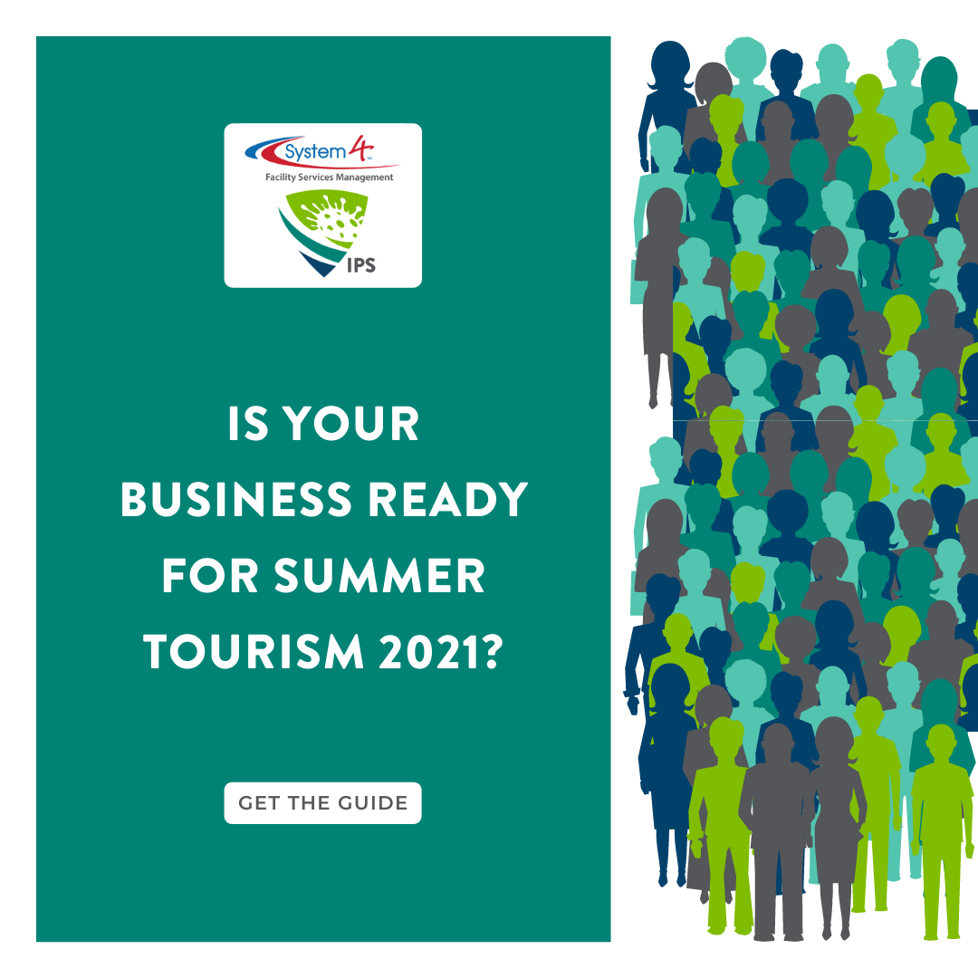 Poster asking, “Is your business ready for summer tourism 2021?” with crowd silhouettes on teal background