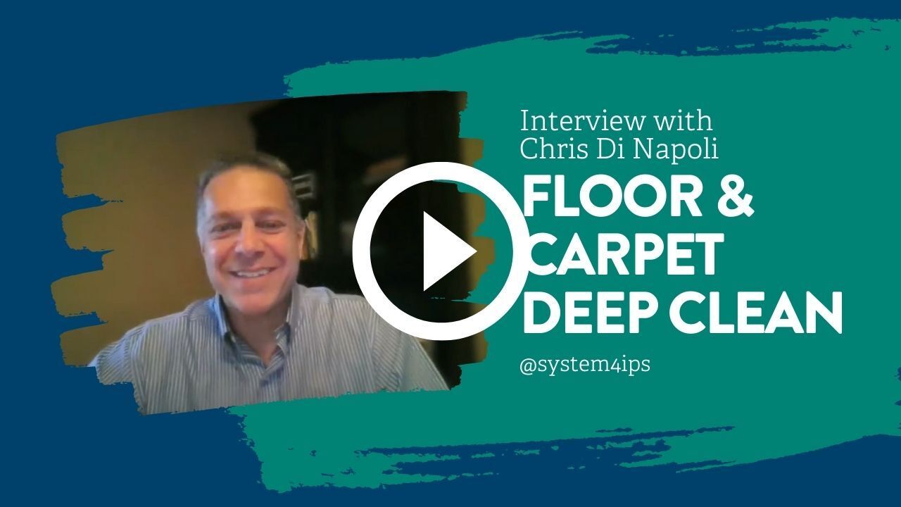Floor & carpet deep clean promo with play button and smiling host on teal background