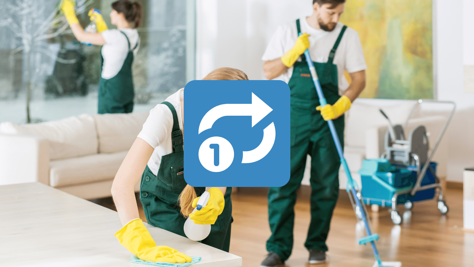 Cleaning crew mopping a bright living room with a sofa and window in the background