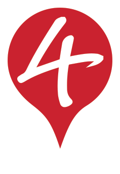 Red map pin logo with a white handwritten “4” inside