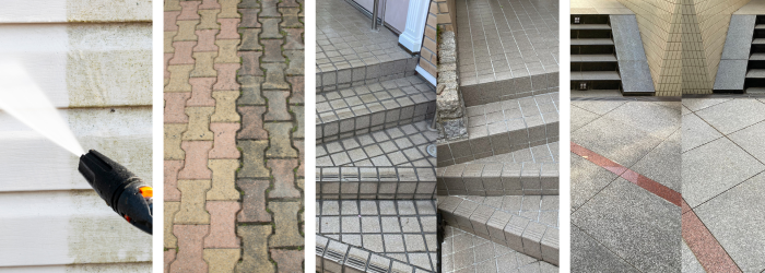 Collage of sidewalk, stairs, and curb surfaces with tactile paving and red guide lines