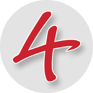 Red stylized “4” logo on a light gray circle background