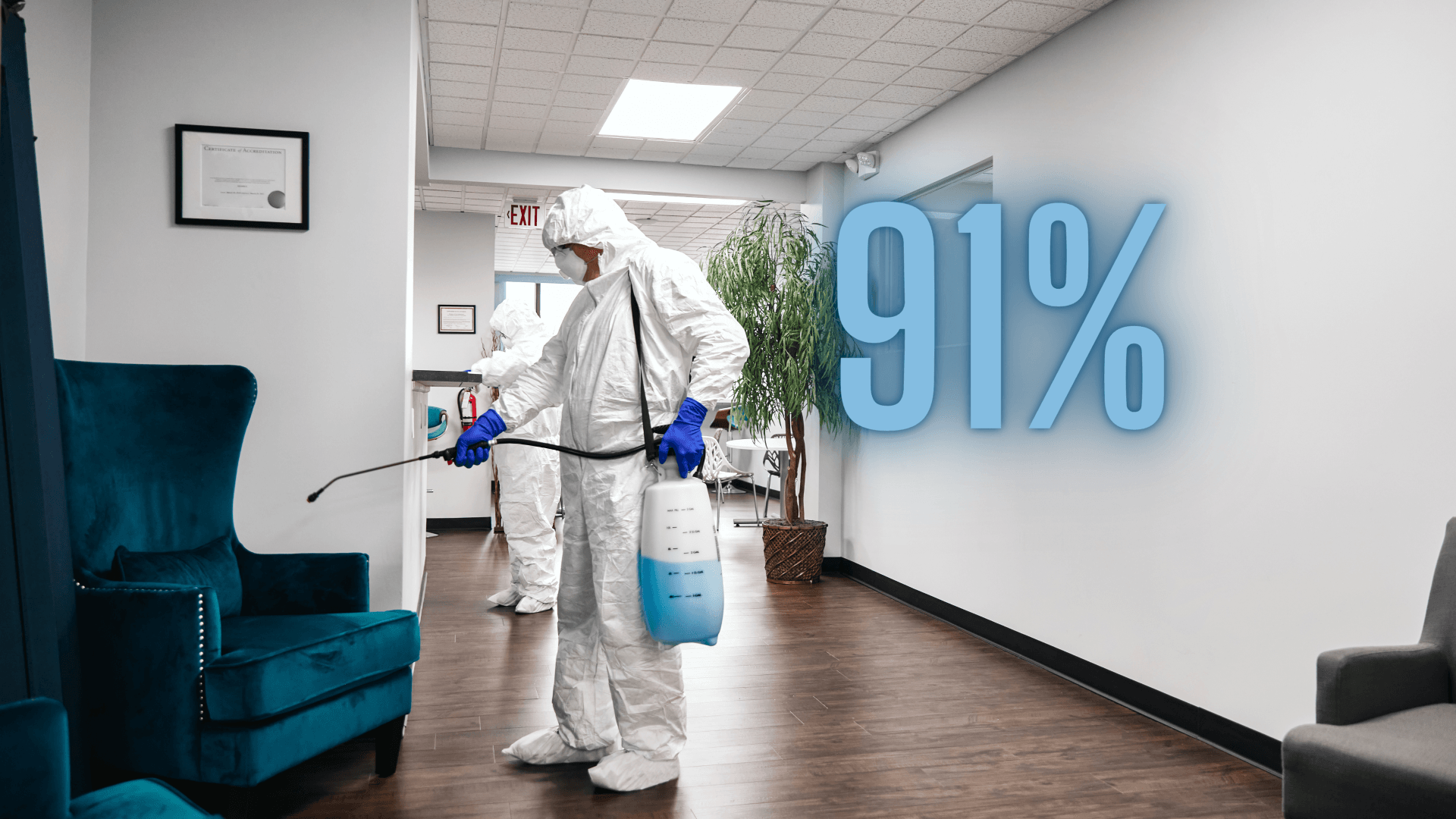 Person in hazmat suit disinfecting a hallway, with a large “91%” graphic on the wall.