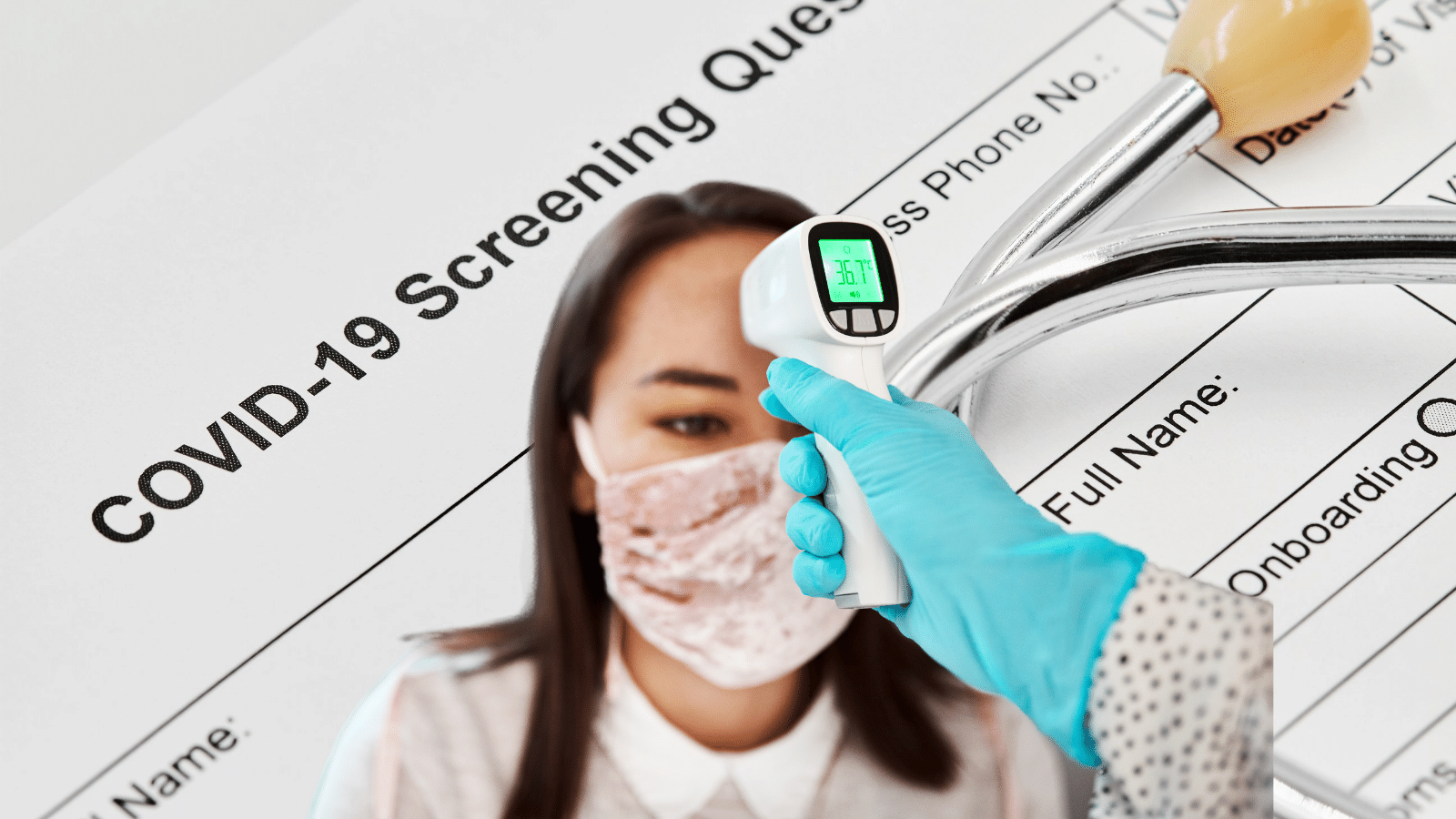 COVID-19 screening form with a gloved worker using a handheld thermometer on a masked person