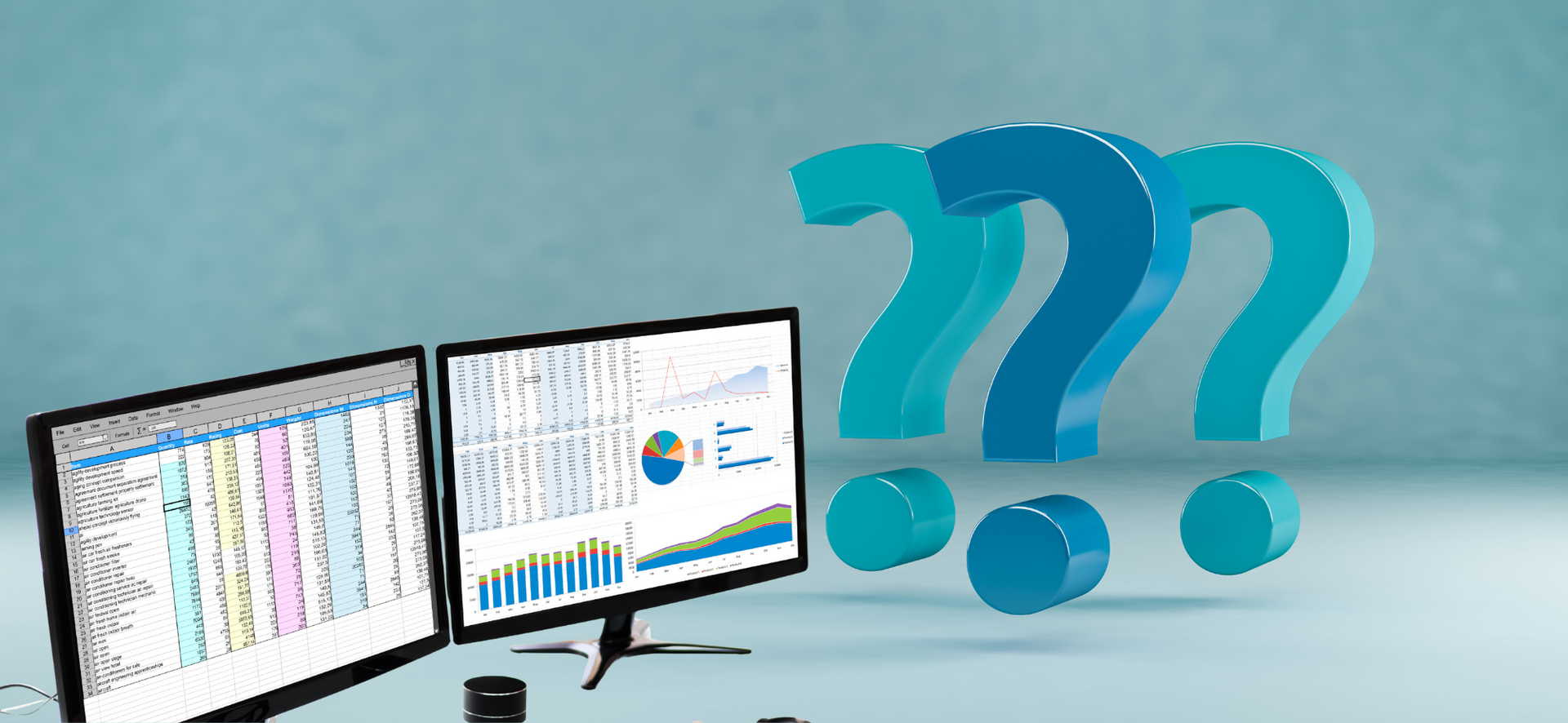 Dual computer monitors with charts and data on screens beside large blue question marks.