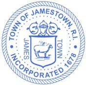 Blue seal of the Town of Jamestown, R.I., with rope border and “Incorporated 1678” text