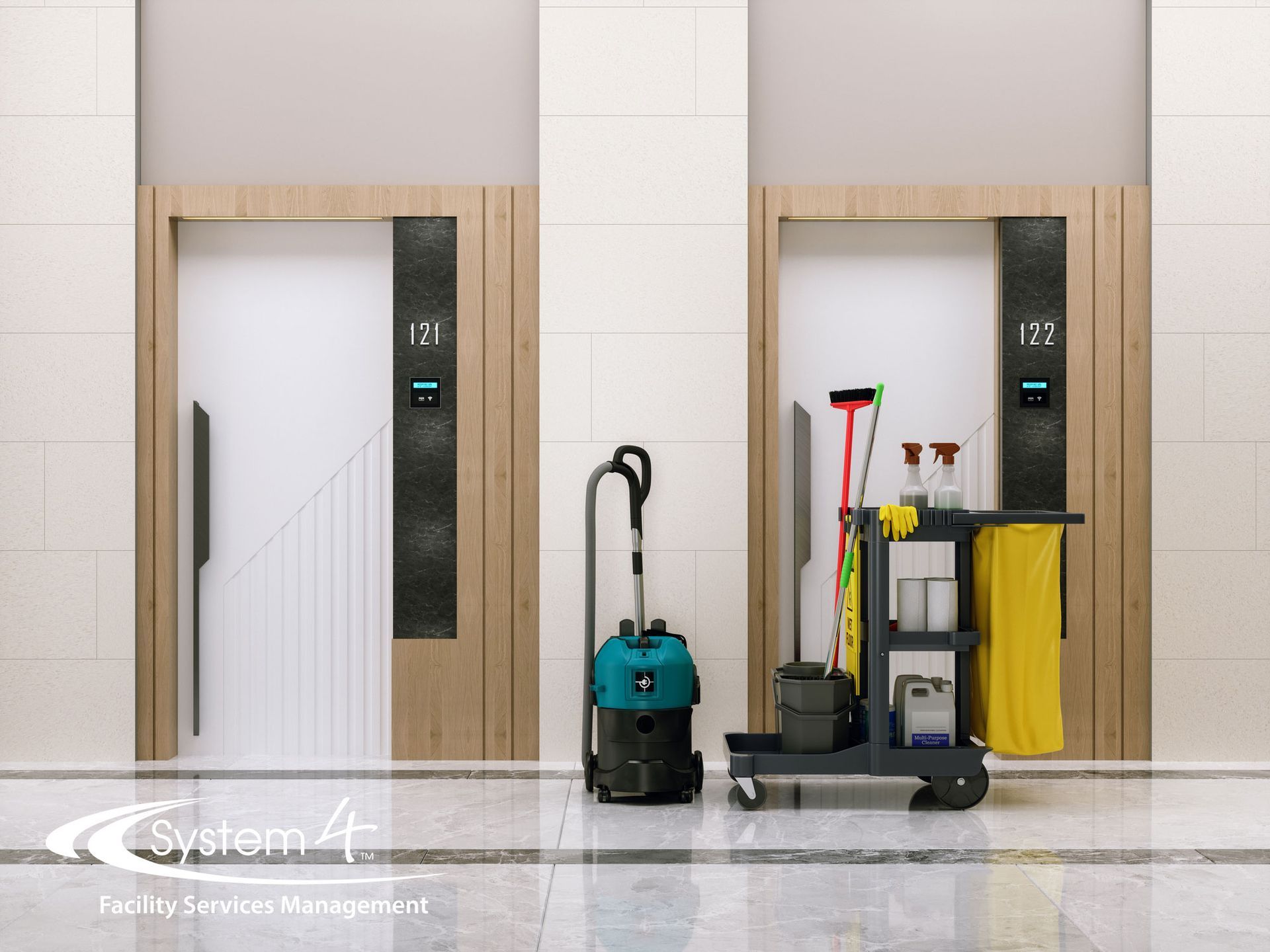 Office hallway with two elevators and cleaning equipment cart beside them