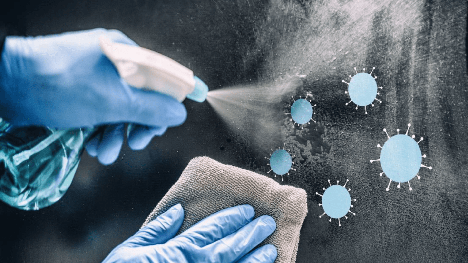 Person disinfecting a chalkboard with a spray bottle and cloth, with virus icons on the surface