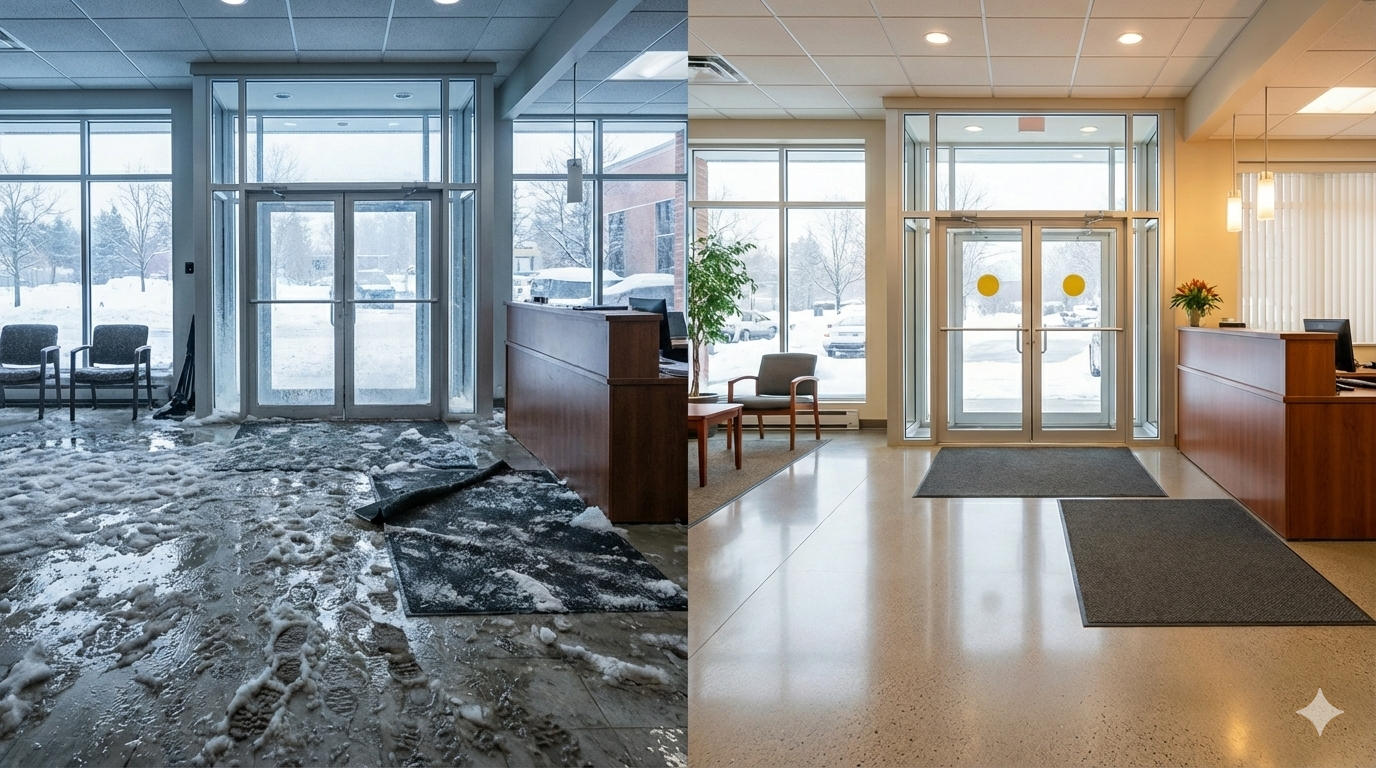 Snowy office lobby with glass doors, reception desks, and bright windows