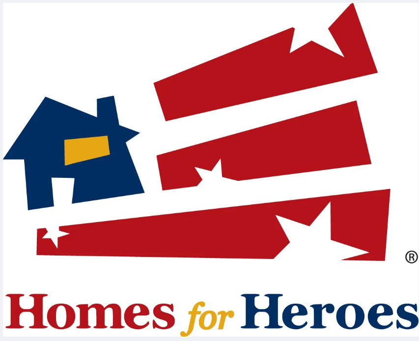 Homes for Heroes logo: Blue house, red stripes, white stars, and text.