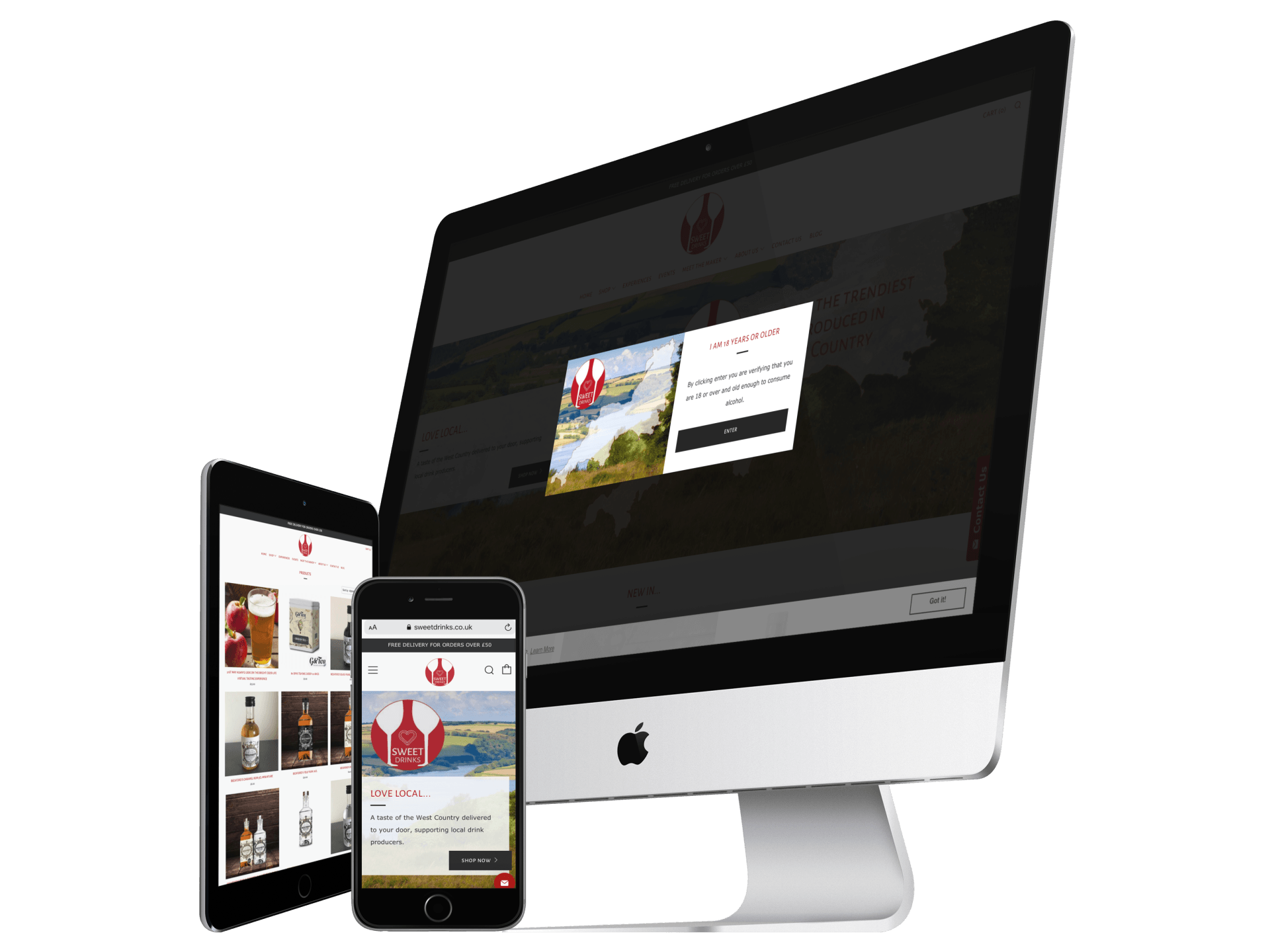 Website displayed on a computer, tablet, and phone; a red logo and sign-up form are visible.