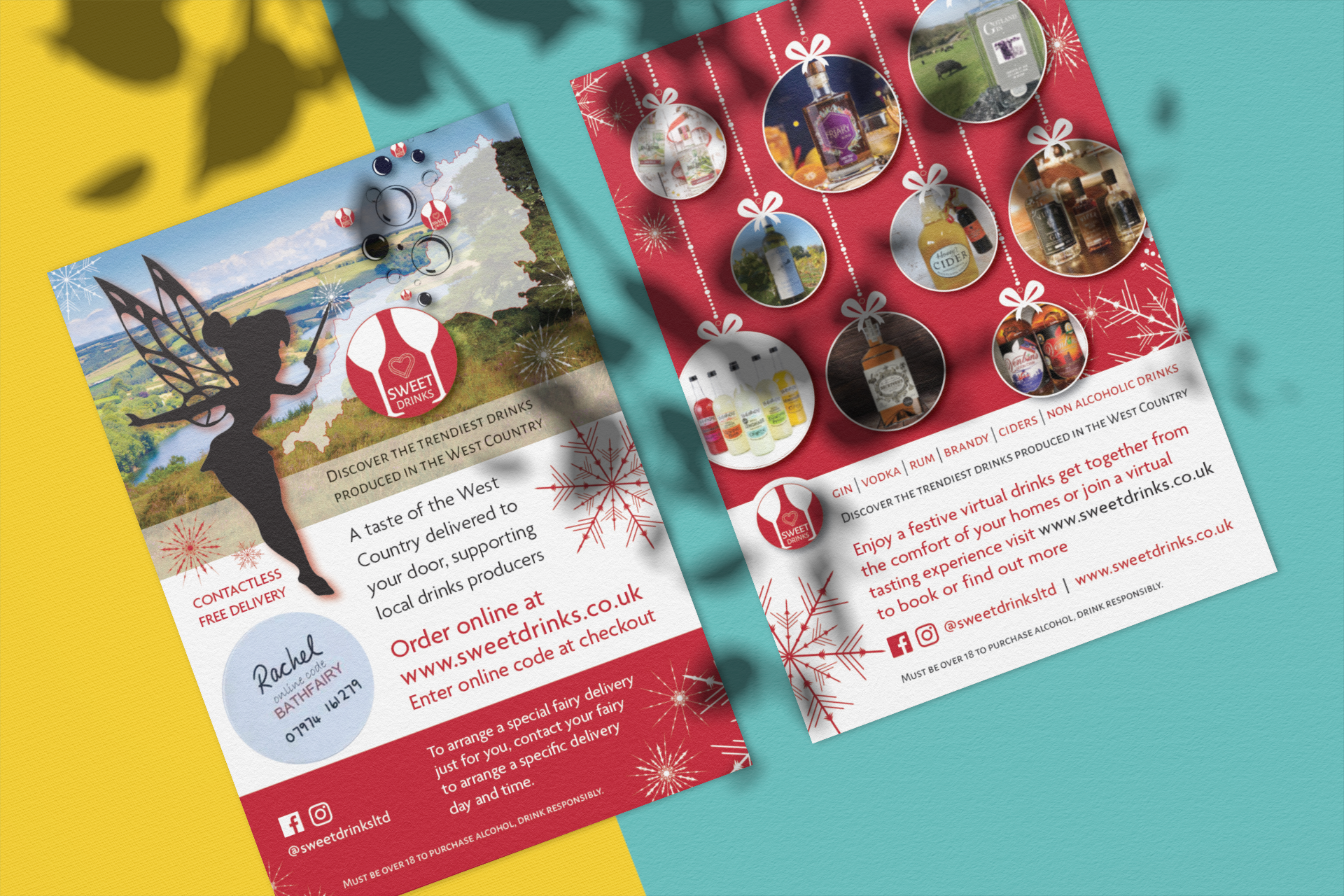 Two festive flyers; one with a fairy silhouette, the other with ornament-like images. Red, white, yellow, and blue.