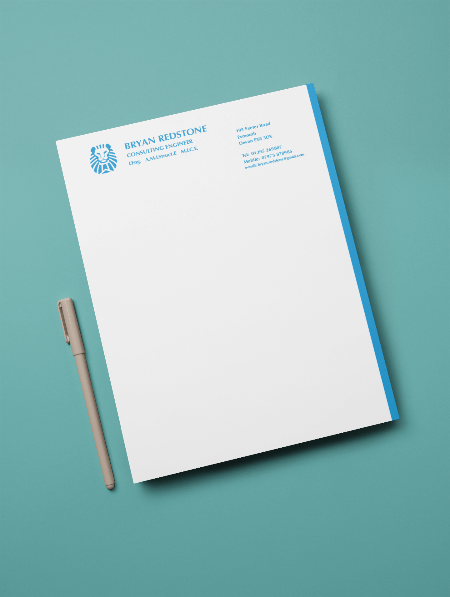 Letterhead with logo and contact information, blue accents, pen on teal background.