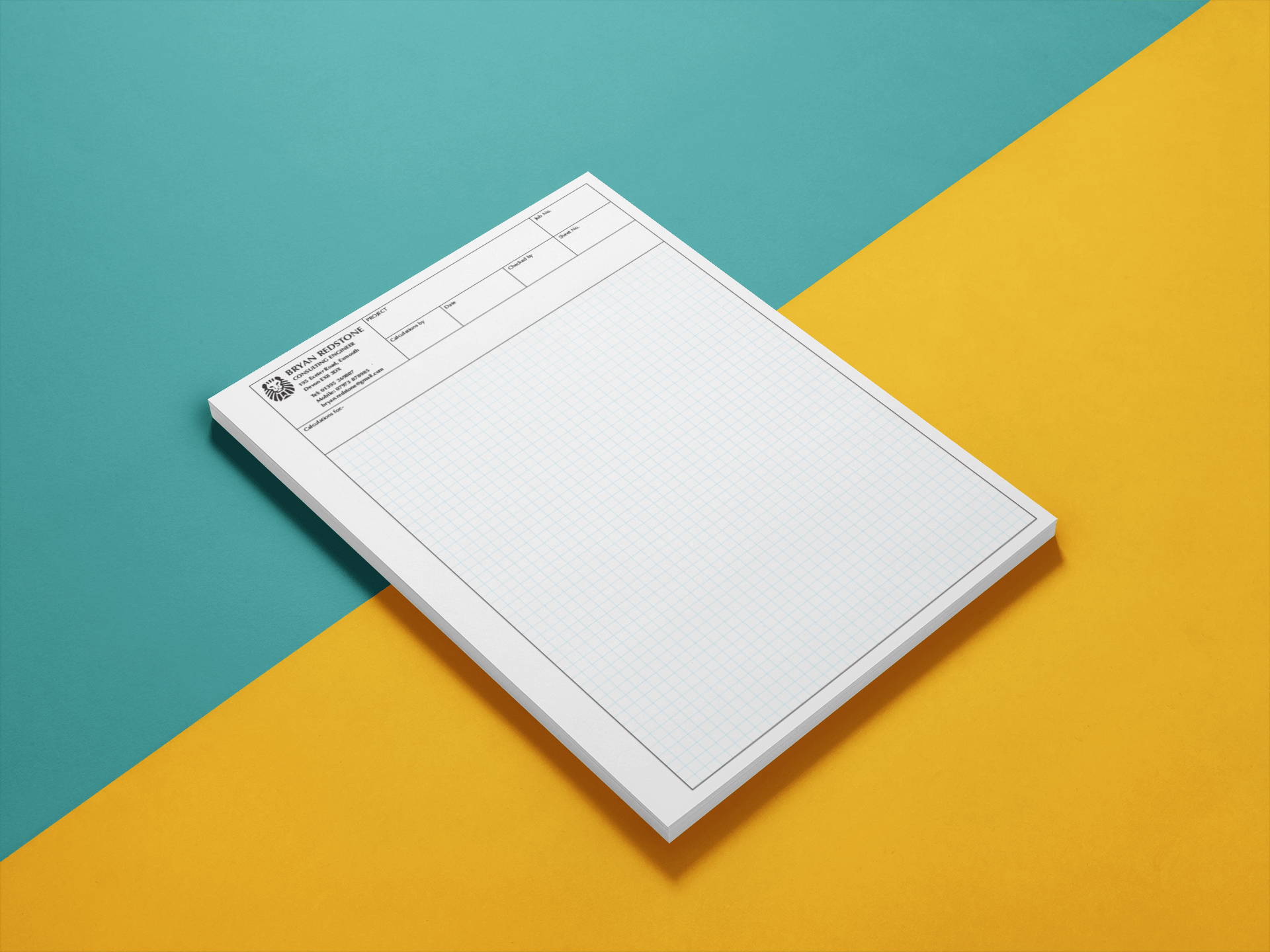 White notepad on a teal and yellow background; the top portion of the notepad has lines and text.
