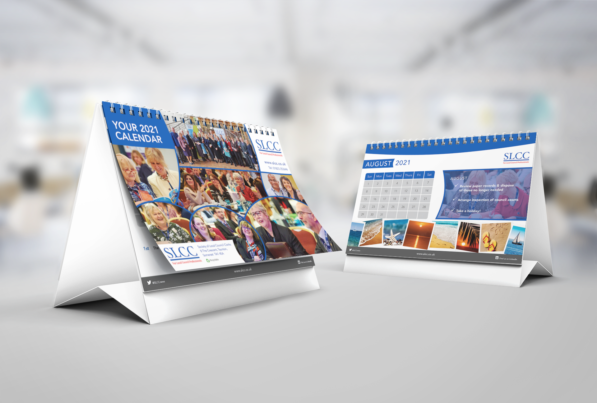 Two white desk calendars; one showing photos, the other with a calendar grid.