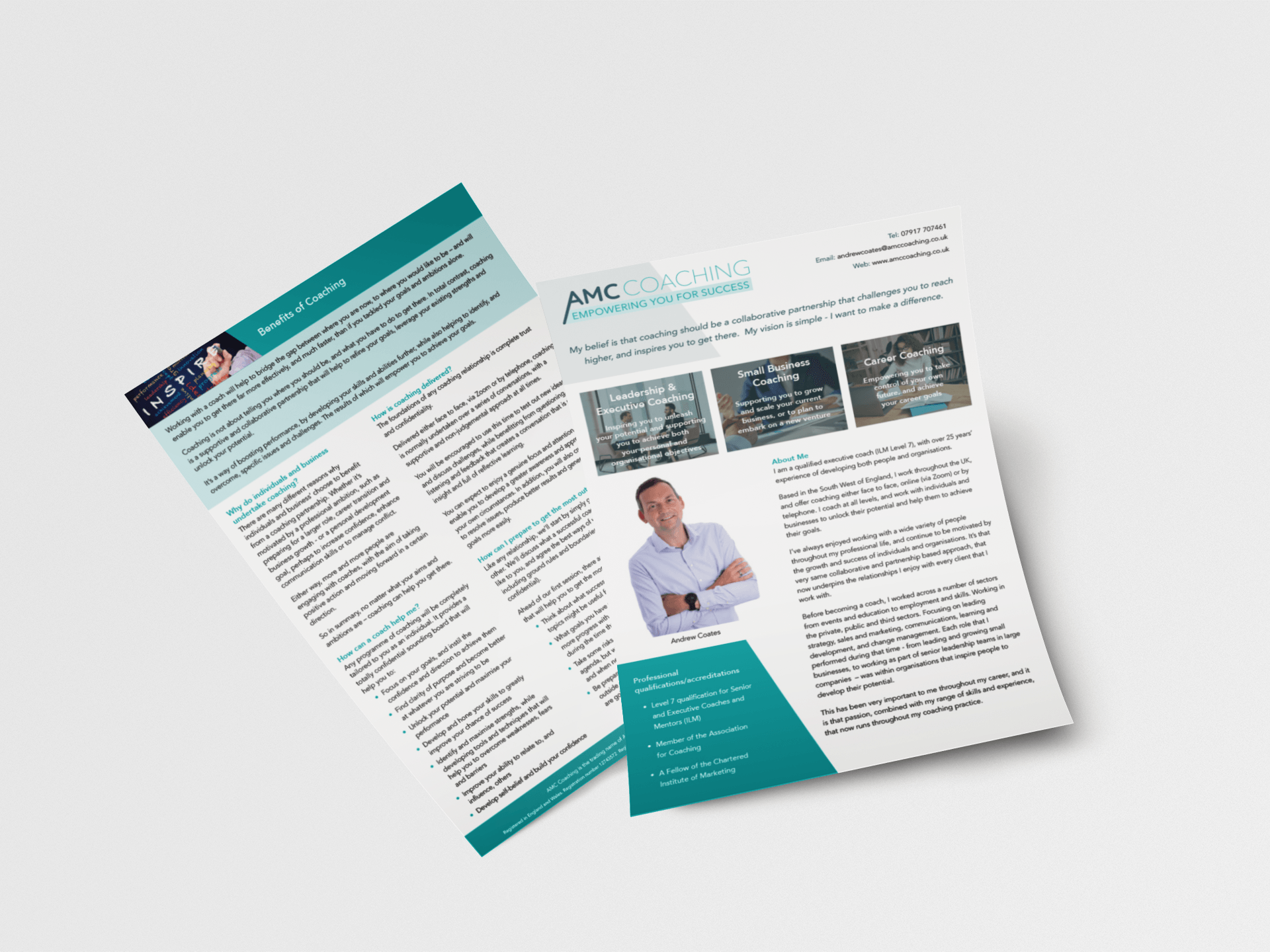 Two-page flyer with a man's photo, teal accents, and text, possibly for marketing or a resume.