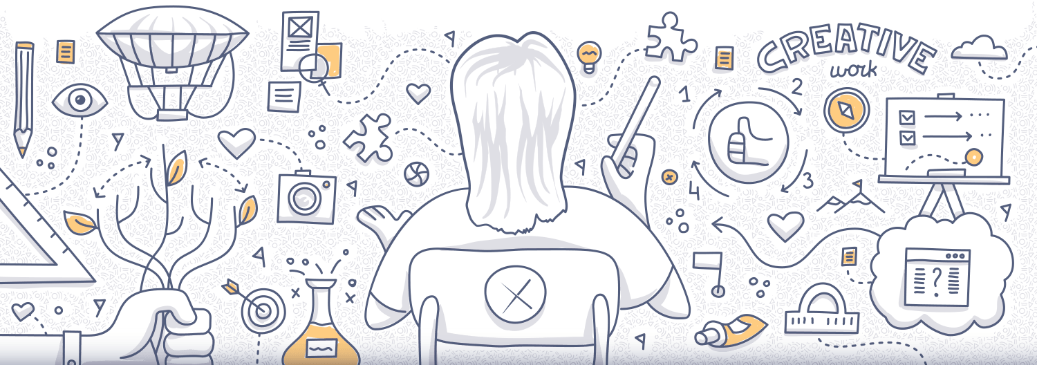 Person at a desk, surrounded by creative work symbols and doodles.