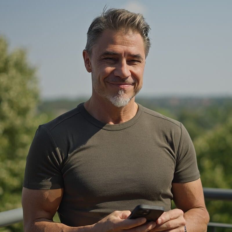 A man with a beard is smiling while holding a cell phone