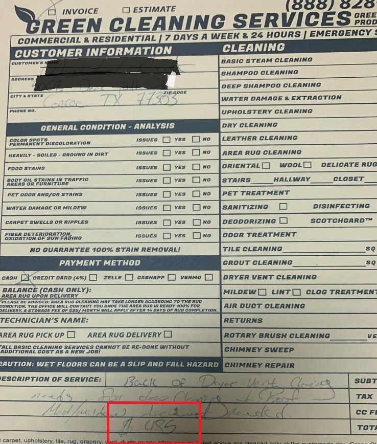 Printed Green Cleaning Services form with handwritten notes and checkboxes, photographed on a table.