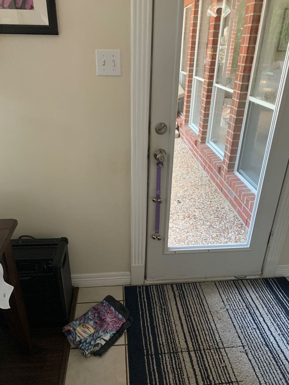 Narrow hallway by a glass door, with a striped rug, wall outlet, and books near the floor.