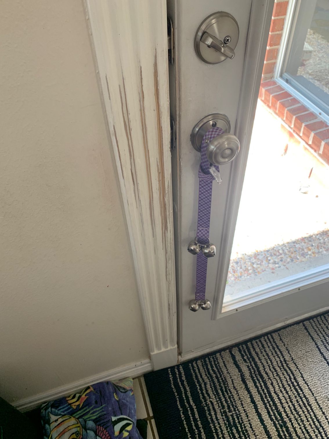 Close-up of a white door with a metal handle and deadbolt, beside a window and striped rug.
