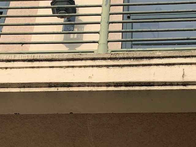 Metal balcony railing in front of a beige building wall and window blinds