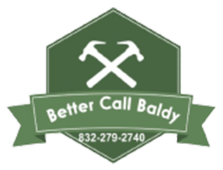 Green logo with crossed hammers and banner reading “Better Call Baldy” and phone number 832-279-2740